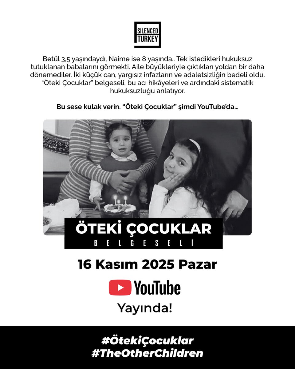 AstTurkiye's tweet photo. Hukuksuz bir şekilde tutuklanan ve kasıtlı olarak başka şehirde tutsak edilen babalarını ziyaret etmek için çıktıkları zorlu yolculukta Betül (3.5) ve Naime'yi (8) Civelek trajik bir şekilde hayatlarını kaybetti!

Sizleri; YouTube kanalımızda; Öteki Çocuklar belgeseli ile bu çocukların yaşamlarına yolculuğa davet ediyoruz.

https://t.co/xyqIigtimP

#ÖtekiÇocuklar
#TheOtherChildren