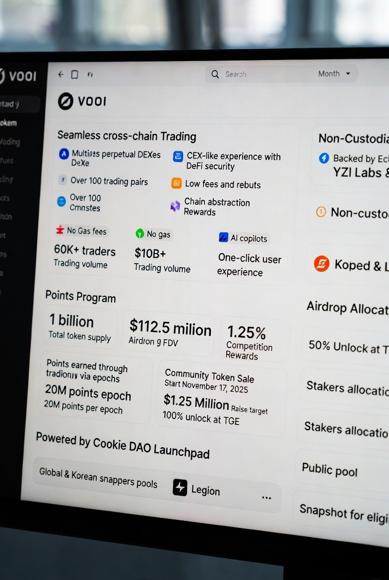 AirdropVentureX's tweet photo. Vooi  @vooi_io 

🚀 Project Overview 
 
🔹 VOOI serves as decentralized trading platform  
🔹 Focuses on seamless cross-chain trading  
🔹 Unites multiple perpetual DEXes in one interface  
🔹 Offers CEX-like experience with DeFi security  
🔹 Enables trading on various blockchain networks  
🔹 Supports strategy automation  
🔹 Provides over 100 trading pairs  
🔹 Features low fees  
🔹 Includes rebates  
🔹 Delivers rewards  
🔹 Utilizes chain abstraction for unified balance  
🔹 Eliminates gas fees in trades  
🔹 Boasts 60K traders  
🔹 Achieves $10B+ volume  
🔹 Integrates AI copilots  
🔹 Allows one-click UX  
🔹 Maintains non-custodial nature  
🔹 Backed by YZI Labs  
🔹 Supported by Echo  
🔹 Points program live for users  

��� Tokenomics  

🔹 Token : VOOI  
🔹 Total supply : 1000000000 tokens  
🔹FDV :  $112500000  
🔹 Airdrop allocations : planned  
🔹 Points earnable through trading  
🔹 Rewards distributed via epochs  
🔹 20M points per epoch  
🔹 Competition rewards : 1.25% of supply  
🔹 50% unlock at TGE for some rewards  
🔹 6-month vesting for certain distributions  

📅 Sale Info  

🔹 Community token sale starts : November 17 2025  
🔹 Raise target $1250000  
🔹 FDV : $112.5M
🔹 Vesting : 100% unlock at TGE  
🔹 Curated by Cookie DAO Launchpad @cookiedotfun  
🔹 Powered by Legion infrastructure  
🔹 Pools include global snappers  
🔹 Features Korean snappers pool  
🔹 Offers stakers allocation  
🔹 Public pool available  
🔹 Snapshot for eligibility soon  
🔹 Apply required for claiming  

⚠️DYOR is must I'm only sharing research not financial advice Manage risk because funds are always yours