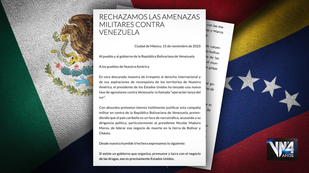 Última hora 
Asociación Mexicanos Unidos rechaza «Operación Lanza del Sur» y amenazas militares de EEUU contra Venezuela

venezuela-news.com/asociacion-mex…