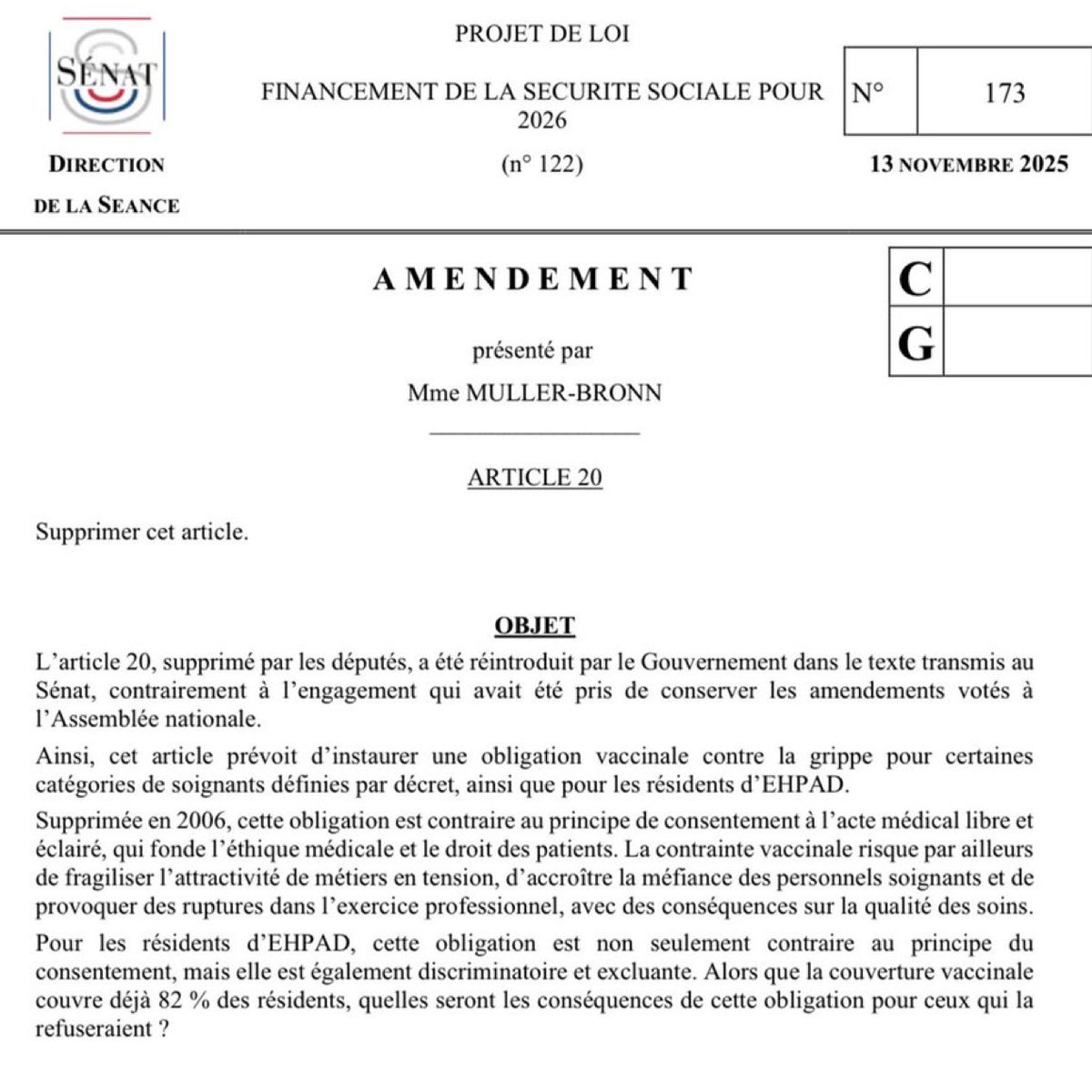 TribunePop23's tweet image. 🚨ALERTE INFO

L’obligation vaccinale pour les soignants et les résidents d’Ehpad réapparaît dans le texte transmis au Sénat, via l’article 20, alors que l’Assemblée nationale avait pourtant rejeté cette mesure.

C’est beau, la démocratie.