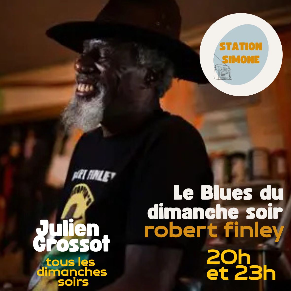 Il a longtemps travaillé de ses mains dans sa Louisiane natale avant qu'un glaucome le rende aveugle et le pousse à jouer dans les rues. Si vous voulez en savoir plus sur l'itinéraire de Robert Finley, rendez-vous à 20h00 (puis à 23h00) sur <a href="/StationSimone/">Station Simone</a>. cc : <a href="/thierrychanu/">Thierry Le Chat</a>