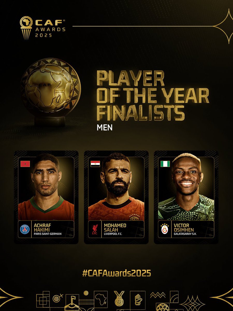 footmercato's tweet photo. 🚨 𝗢𝗙𝗙𝗜𝗖𝗜𝗘𝗟 ! 𝗟𝗘𝗦 𝗙𝗜𝗡𝗔𝗟𝗜𝗦𝗧𝗘𝗦 𝗣𝗢𝗨𝗥 𝗟𝗘 𝗕𝗔𝗟𝗟𝗢𝗡 𝗗’𝗢𝗥 𝗔𝗙𝗥𝗜𝗖𝗔𝗜𝗡 𝟮𝟬𝟮𝟱 🌕 𝗦𝗢𝗡𝗧 𝗖𝗢𝗡𝗡𝗨𝗦 :

🇲🇦 Achraf Hakimi
🇪🇬 Mohamed Salah
🇳🇬 Victor Osimhen 

Lequel d’entre eux devrait repartir avec le précieux trophée selon vous ? 🤔

(📸 @CAF_Online)