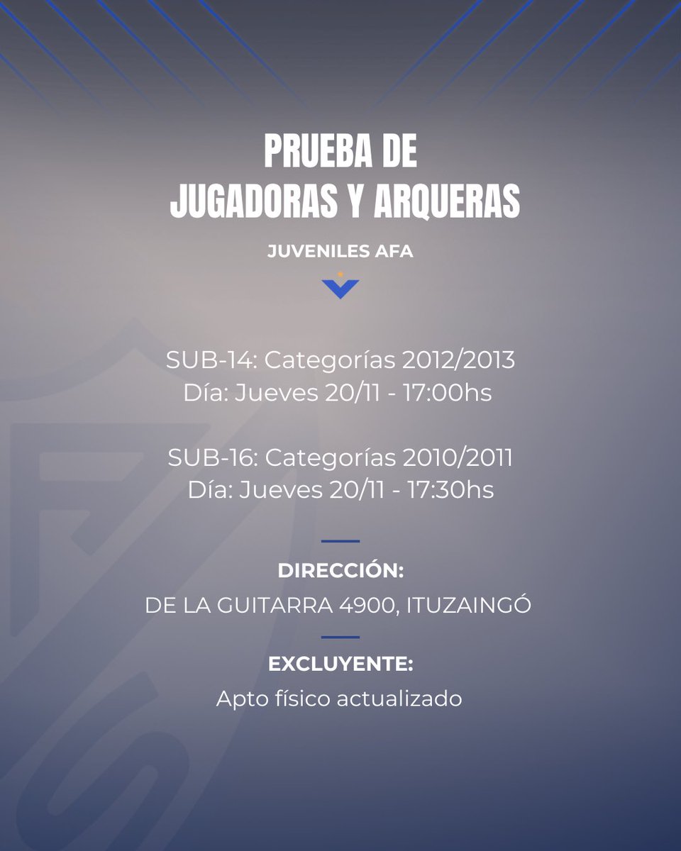 ⚽️ 𝐏𝐑𝐔𝐄𝐁𝐀 𝐃𝐄 𝐉𝐔𝐆𝐀𝐃𝐎𝐑𝐀𝐒 | 𝐉𝐔𝐕𝐄𝐍𝐈𝐋𝐄𝐒 𝐀𝐅𝐀

‼️ Encontrá toda la información en nuestro Instagram.

✅ Prueba exclusiva para las categorías 𝐒𝐔𝐁-𝟏𝟒 y 𝐒𝐔𝐁-𝟏𝟔.

⚠️ Asistir con apto físico y deslinde de responsabilidad.

➡️ No se suspende por lluvia.