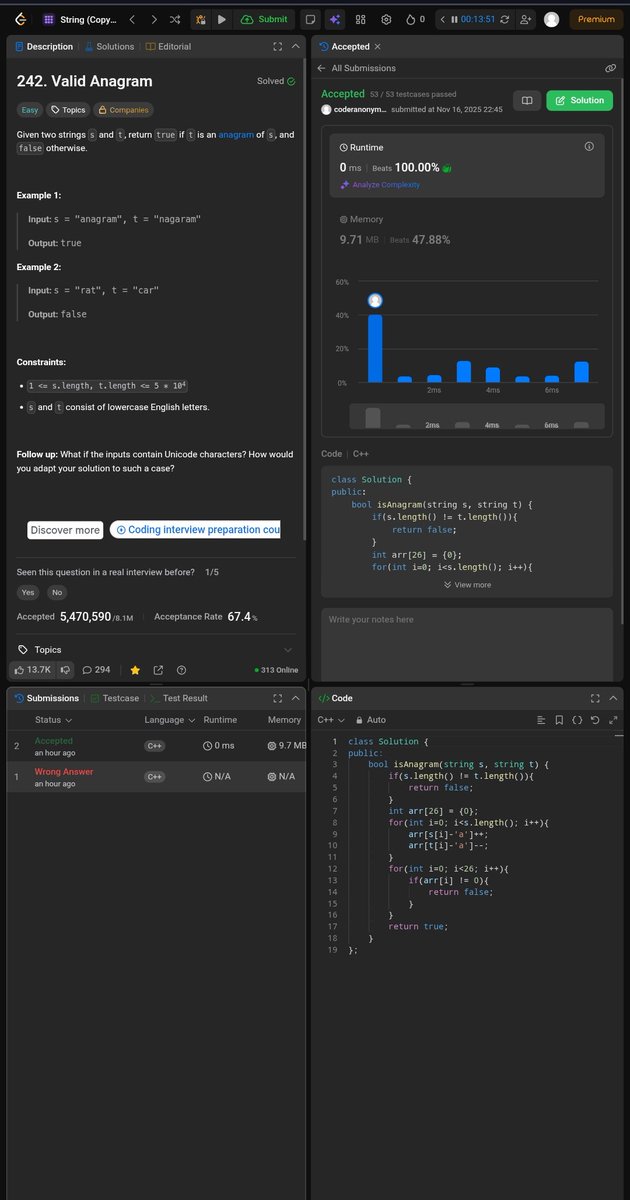 terask12345's tweet photo. 🚀 Day 41 of #100DaysOfCode

Solved 3 string problems today:
🔹 Valid Anagram
🔹 Defanging an IP Address
🔹 Check if Sentence is Pangram

String concepts finally clicking — feeling the improvement 💪
#100DaysOfCode #DSA #Strings #CodingJourney https://t.co/FXO2TrOYCq