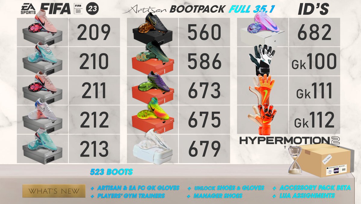 Artisan Bootpack FULL 35.1 [ FIFA23 - T.U. 17.1 ]📦

- 531 Shoes in .fifamod format. [ FIFA23 T.U. 17.1 ]

📜 List of IDs is in the ZIP file 📦

🔓 Unlock Shoes [FIFA23] by Alexander Bonin

🔓 Unlock GK Gloves [FIFA23] by Faiz Mohamad

🗂 LUA Assignments by Faiz Mohamad 🧦👟🧤