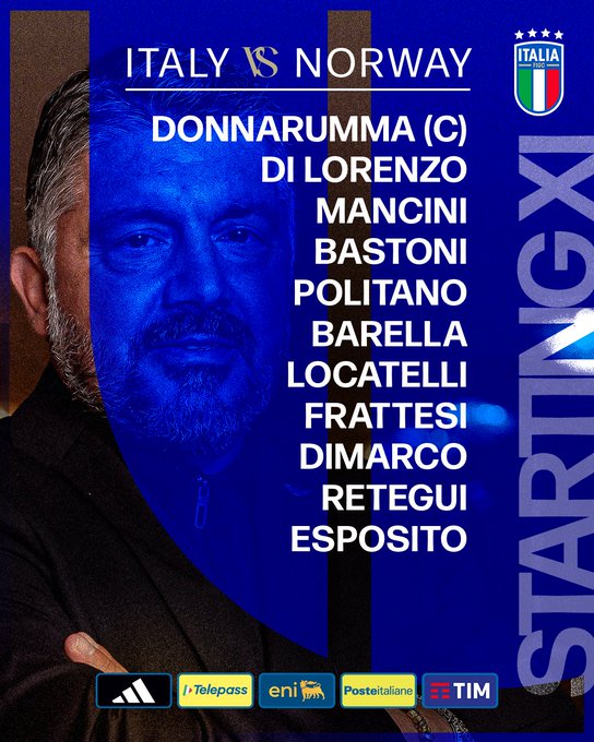 Blue graphic with Italy flag elements displays Italy vs Norway match title at top, lists starting players as Donnarumma (C), Di Lorenzo, Mancini, Bastoni, Politano, Barella, Locatelli, Frattesi, Retegui, Esposito in formation layout, includes sponsor logos Adidas, Eni, Poste Italiane, TIM at bottom.