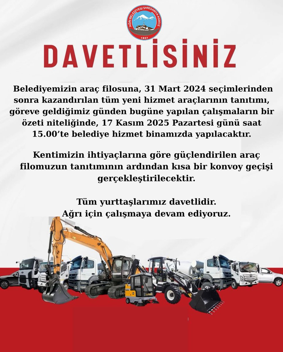 Belediyemizin araç filosuna, 31 Mart 2024 seçimlerinden sonra kazandırılan tüm yeni hizmet araçlarının tanıtımı, göreve geldiğimiz günden bugüne yapılan çalışmaların bir özeti niteliğinde, 17 Kasım 2025 Pazartesi günü saat 15.00’te belediye hizmet binamızda yapılacaktır.