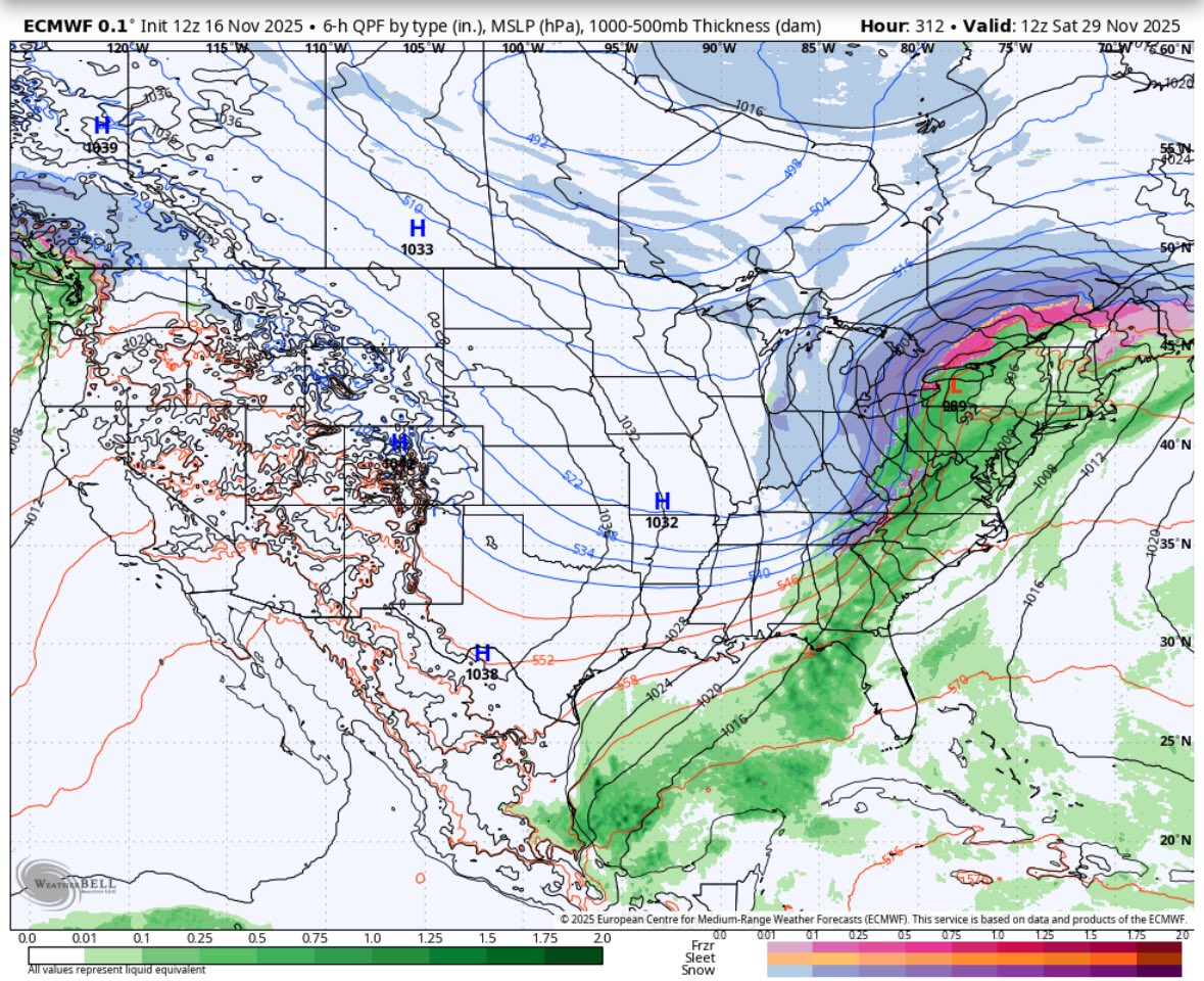 HOLY SMOKES🚨❄️

Even the Euro is starting to buy into the cold and snow hype!

The latest 12Z run shows a setup that’s much closer to what I think could be on the horizon. 

Don’t take it literally, but something like this as we head through Thanksgiving and into early December