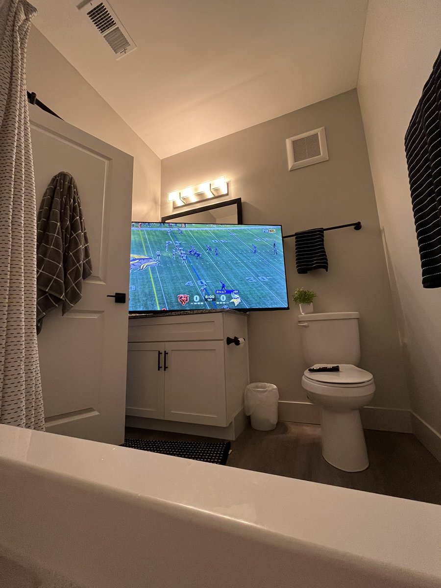 koffenbocker's tweet photo. Went ahead and threw a TV in my bathroom. Might sit in here all day. Does this play? #LANK https://t.co/rKKrPCcut8