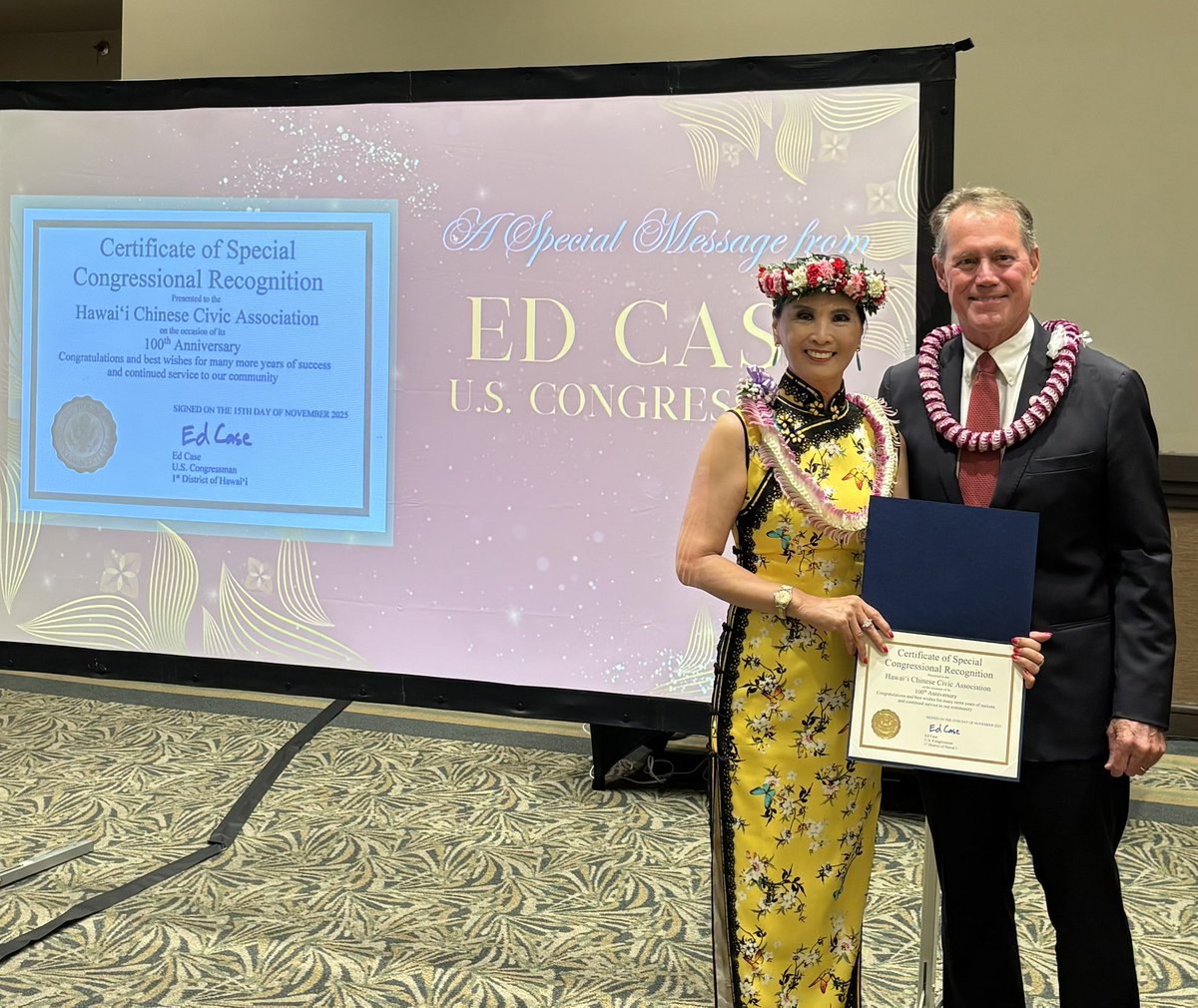 RepEdCase's tweet image. Honored to join the Hawai’i Chinese Civic Association’s Mandarin Ball celebrating its 100th anniversary of service to our Hawai’i, and to present Elvira Lo, President, and Dr. Ming Chen, Mandarin Award winner, with Special Certificates of Congressional Recognition. Mahalo!