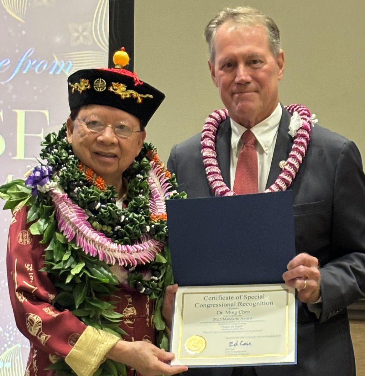 RepEdCase's tweet image. Honored to join the Hawai’i Chinese Civic Association’s Mandarin Ball celebrating its 100th anniversary of service to our Hawai’i, and to present Elvira Lo, President, and Dr. Ming Chen, Mandarin Award winner, with Special Certificates of Congressional Recognition. Mahalo!