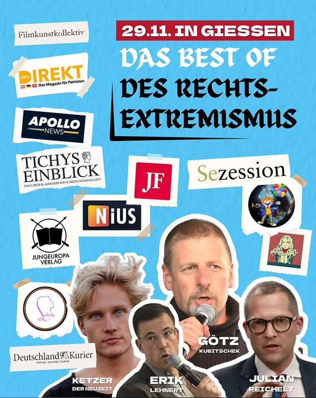 🚨 Gründungsparteitag der AfD-Jugend am 
🗓️29.11. in 🎯#Gießen 
wird das GRÖßTE bundesweite Treffen der AfD und dem rechten Vorfeld mit dem Ziel eine Strategie zu entwickeln die Jugend in  Massen für die AfD zu begeistern. #widersetzen

Diese rechtsextremen Akteure sind dabei: