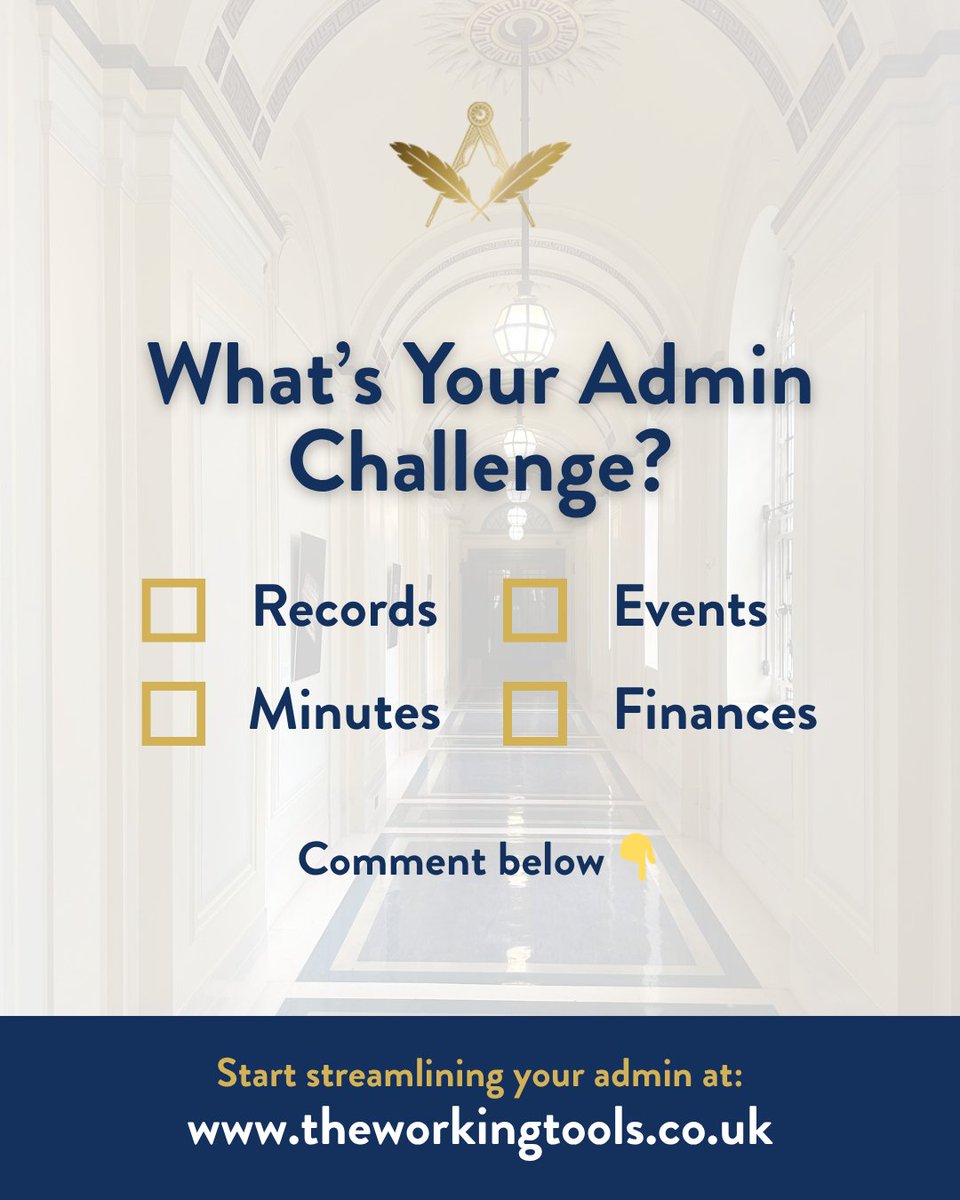workingToolsApp's tweet image. Secretaries, what’s the toughest part of your role? 🤔 

Share your biggest admin challenge below — and then try The Working Tools FREE to see how much easier Lodge life can be: theworkingtools.co.uk/free-trial 

#Freemasonry #MasonicTools #SaaS #CloudSoftware #SecretaryLife