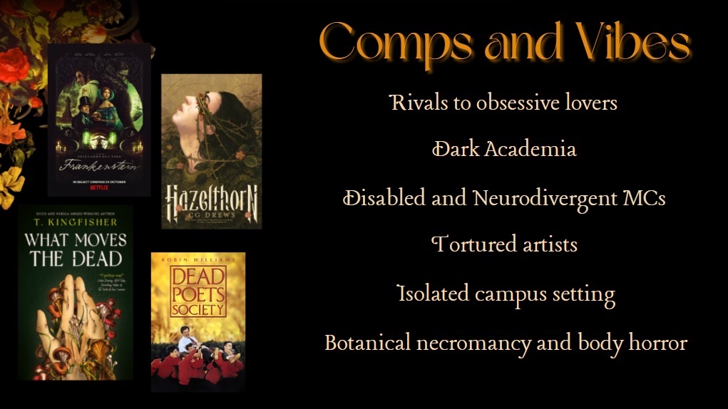 Reid_Bennett_'s tweet image. In celebration of being about halfway through with revisions, here’s a (temporary??) #agentguide to PORTRAITS OF THE DYING!! 
🫀rivals to obsessive lovers
🥀sentient plants 
🔮Renaissance Italy setting 
🕯️dark academia 
💀botanical necromancy
🌙chronic illness and autism rep