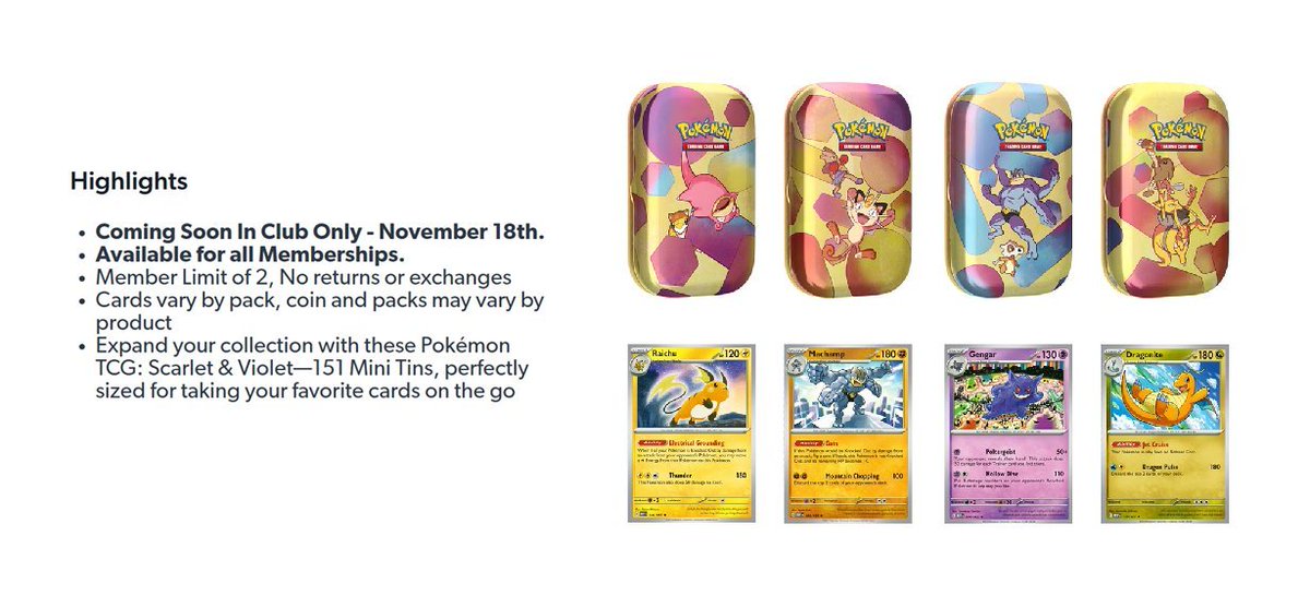 PokemonDealsTCG's tweet photo. Reminder: 151 Mini Tin 4-Pack Bundle Restock In-Stores at Sam's Club on 11/18!⚡️

$20 Deal for 1-Year Membership
https://t.co/UdI2bJ4BX9
Plus Membership Discount (Early In Store Access)
https://t.co/g1hF31iOoo
151 Mini Tin Bundles
https://t.co/2xerPF6wcG

We'll post alerts if any drops go live online!

#Pokemon #PokemonTCG #AD