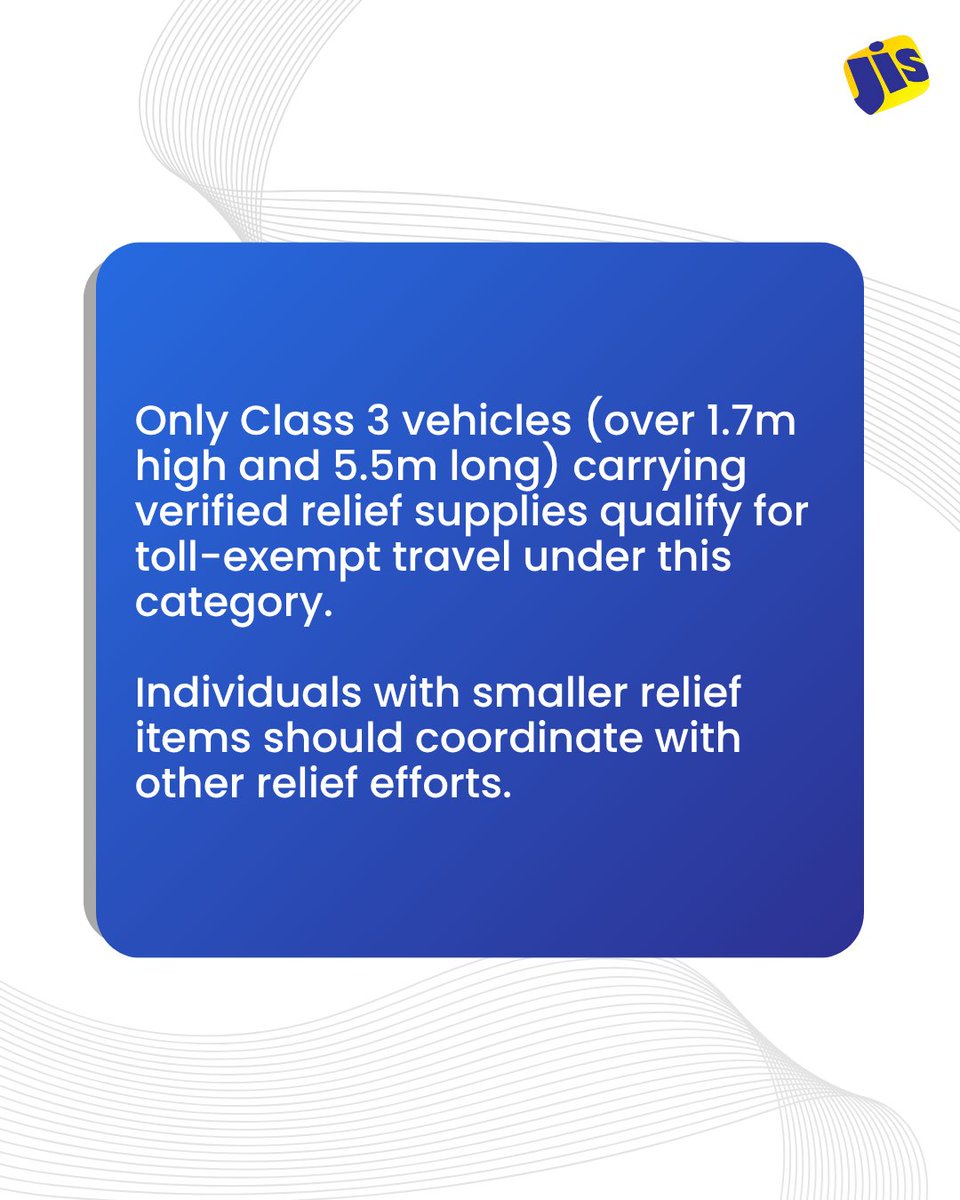 The Toll Authority of Jamaica has announced new protocols for toll-exempt relief travel, effective Monday, November 17, 2025. 

Relief movements will now fall under two categories Unconditional Access and Conditional Access to streamline verification and speed up recovery