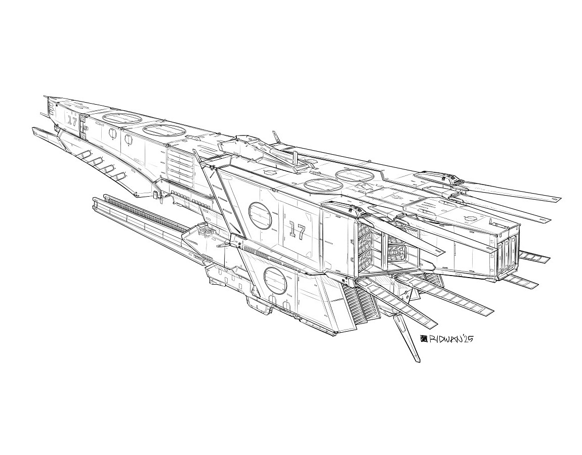 meganerid's tweet image. An arrowhead shaped (kinda) space battleship, here with the giant ventral railgun and other weapons on retracted state.
Will probably do weapons out version later :d
#spaceship #illust #イラスト #scifi