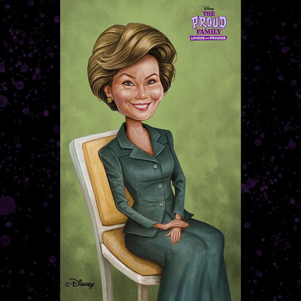 Here's an unused concept #caricature illustration I painted of #LauraBush for #TheProudFamilyLouderAndProuder  S3.

Now streaming on #Disney+.

_
#TheProudFamily #PennyProud #LayronDeJarnette #Layron #CharacterDesign #ConceptDesign #Animation #Flotus #FirstLady #GeorgeWBush