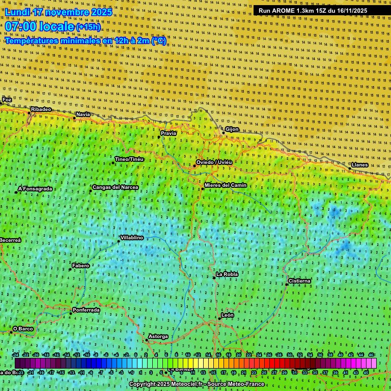 Lunes, 17/11/2025:
Muy nuboso con lluvias débiles al amanecer y remitiendo con apertura de grandes claros. Aumentará a muy nuboso durante la tarde con chubascos intermitentes. Viento del Nordeste.

#Gijón
🌡️16ºC/10ºC
Mañana🌧️🌤️11ºC
Mediodía🌤️🌥️16ºC
Tarde☁️🌧️15ºC
Noche☁️🌧️14ºC