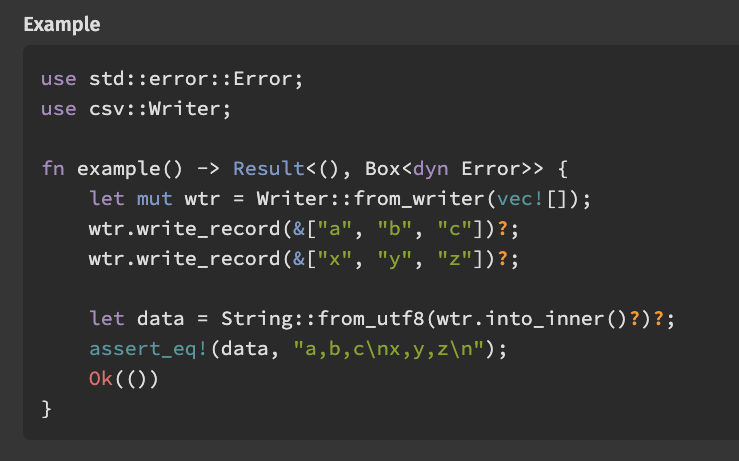 jeremychone's tweet image. Really like that the Rust CSV docs do not use unwrap in their examples,

but `Result&amp;lt;Box&amp;lt;dyn&amp;gt;&amp;gt;` and `?`

puts the dev on the right track from the start. 

#rustlang