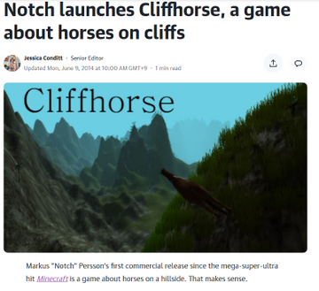 Vexcantdev's tweet photo. Did you know that
@notch 
, the creator of Minecraft, made a game in 2014 that could only be purchased with Dogecoin? The game is called "Cliffhorse" https://t.co/Cf5TUUuvNP