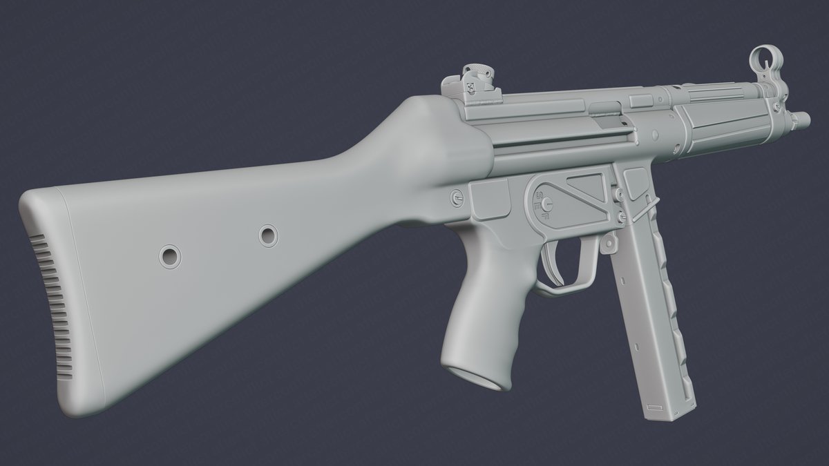 AfterconflictLW's tweet photo. The West German Bundesgrenzschutz didn't follow the Bundeswehr in their adoption of the MP2 and MP2A1, instead they adopted the MP5A2 and MP5A3 (replacing the MP1 and DUX-53), the former of which is what we have a WIP high-poly of today!

What do you think so far? https://t.co/FpEZeeKszl