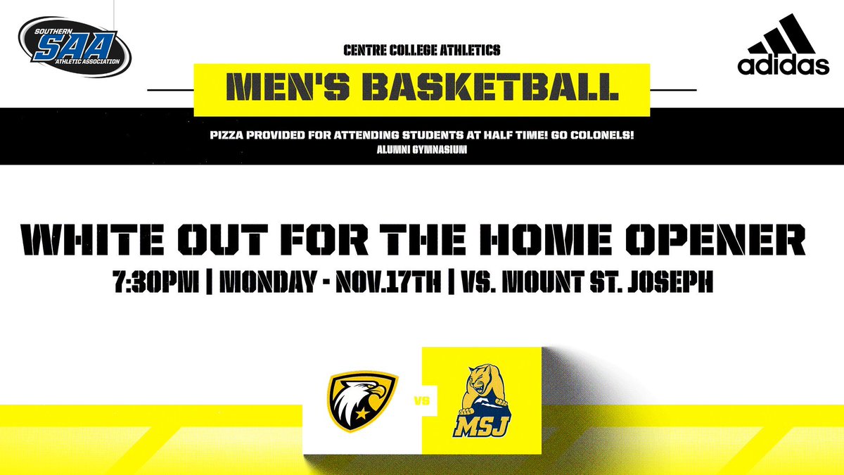 Colonel Students and Fans! We NEED 🫵 to show up and be loud tomorrow night at 7:30pm for our home opener!

It is a WHITE OUT!🔥

Students! We are supporting by providing free pizza to students at halftime. Show up, watch some high level basketball, and be LOUD! Go Colonels! 🔥📈