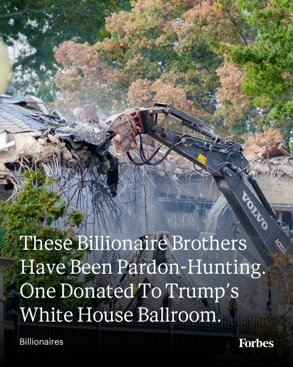 Forbes's tweet image. Two notorious brothers are on the list of billionaires and companies who have donated to help build a gigantic gilded ballroom where the East Wing of the White House used to be. 

Read more: forbes.com/sites/kylemull…
Photo: Aaron Schwartz via Bloomberg