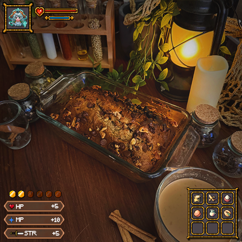 ꒰🍌𝕭𝖆𝖓𝖆𝖓𝖆 𝕭𝖗𝖊𝖆𝖉🍌꒱

❤️HP +5
💠 MP +10
⚔️ STR +5

they say that banana bread is the guy equivalent of flowers for girlies?