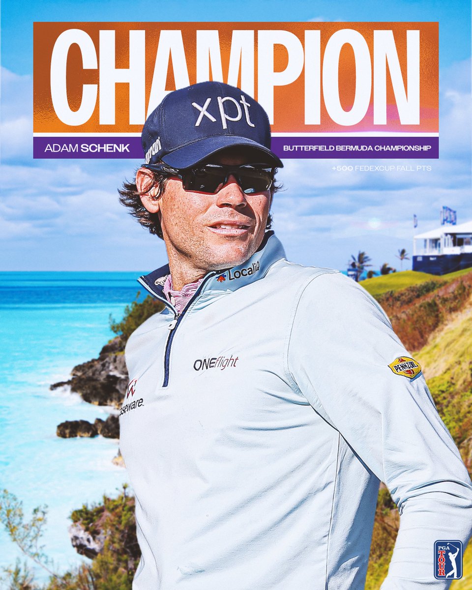 PGATOUR's tweet image. 243rd TOUR start. First TOUR win.

After entering @Bermuda_Champ at 134th on the #FedExCup Fall, Adam Schenk breaks through and keeps his TOUR card through 2027!