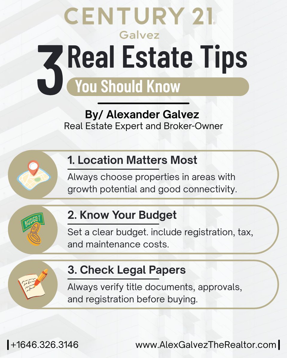 CenturyGal81533's tweet image. 🏡 Smart Real Estate Tips for a Successful Investment

Discover the top 3 real estate tips every buyer should know! . 🌟
For expert guidance, contact Alexander Galvez today!
📞 +1 646-326-3146
.
.
#RealEstateTips 🏠 #PropertyGuide 📍 #HomeBuying101 💡