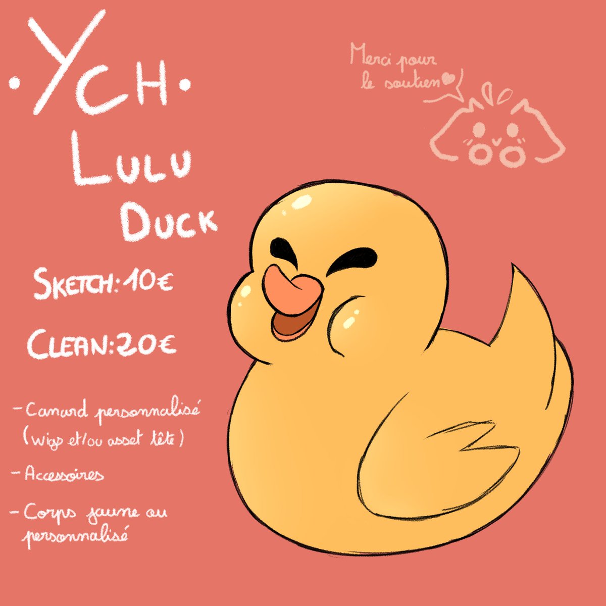 Si jamais certains fan de #HazbinHotel  sont interessés par leur petit canard fait par Lucifer... Voici un petit ych !

MP si interessé!

#YCH