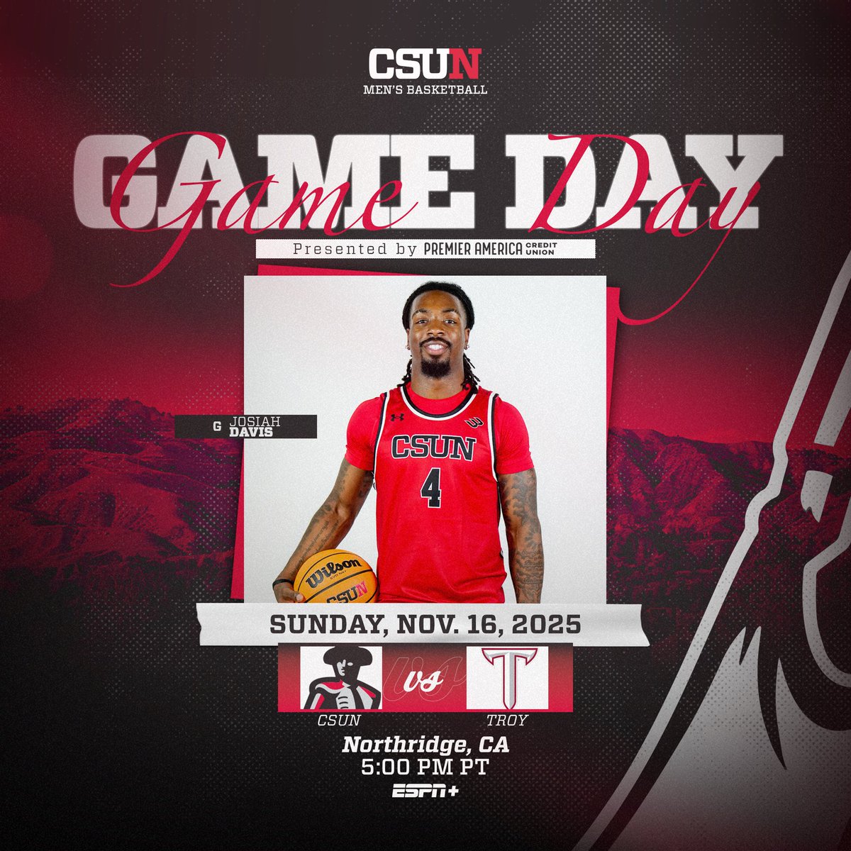 CSUNMBB's tweet image. We’re back home tonight!

🆚 Troy
⏰ 5:00 p.m.
📍 @PremierAmerica Arena
📺 ESPN+
💻 tinyurl.com/dhcsnsm5
📻 GoMatadors.com/Radio
📊 tinyurl.com/w7h7c8c2
🎟️ tickets.gomatadors.com

#GoMatadors