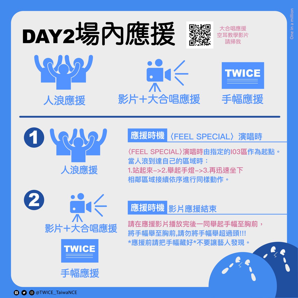 TWICE_TaiwaNCE's tweet photo. 🍭TaiwaNCE臺灣應援團隊緊急公告🍭

親愛的 ONCE 們：

因韓方和主辦單位臨時調整整體演出流程，原訂的「Day1應援影片 + 大合唱」安排將此應援刪除，以下為最新的應援調整內容，請所有進場的 ONCE 務必留意：

🍭Day 1－11/22（最新調整）

原定：
📍手機燈海
📍手幅應援+應援影片 + 大合唱（原應援時機：〈ME+YOU〉結束）
👉🏻調整後：
📍手機燈海
📍手幅應援

⚠️手機燈海應援
應援時機：以現場大螢幕的官方提示詞為主！！！
‼️非常重要‼️請務必隨時留意舞台螢幕的提示訊息

⚠️手幅應援
應援時機：以現場大螢幕的官方提示詞為主！！！
‼️非常重要‼️請務必隨時留意舞台螢幕的提示訊息！

🍭Day 2－11/23（最新調整）

原定：
📍人浪應援
📍手幅應援+應援影片 + 大合唱（原應援時機：〈ME+YOU〉結束）
👉🏻調整後：
📍人浪應援
📍手幅應援+應援影片 + 大合唱（大合唱時機：應援影片結束後）

⚠️人浪應援
應援時機：〈FEEL SPECIAL〉演唱時
由指定的I03區作為起點。
當人浪到達自己的區域時：
1️⃣ 站起來
2️⃣ 舉起手燈
3️⃣ 再迅速坐下
相鄰區域接續依序進行同樣動作。

⚠️手幅應援+應援影片 + 大合唱
‼️大合唱應援時機‼️以現場大螢幕播放應援影片結束後的提示詞為主！！！

💡所有應援項目皆以「現場大螢幕的官方提示詞」為最高優先，請大家務必依照指示行動。
💡如主辦方或韓方於演唱會前再有任何調整，我們將於第一時間更新，請持續關注應援團隊 SNS（X, Threads, IG）。

此次因配合韓方與主辦方的流程調整，臨時變動了應援內容，造成大家的不便，真的深感抱歉。
我們會和大家一起努力到最後，把最好的模樣呈現給TWICE。
謝謝每一位願意陪著我們一起調整、一起堅持的ONCE
有你們在，我們更有力量。
讓我們一起把最溫暖、最耀眼的應援送給TWICE！！！一起加油💪🏻

📌 TaiwaNCE 官方連結可以多利用裡面圖文影片練習應援：https://t.co/2XK3gHNWOt