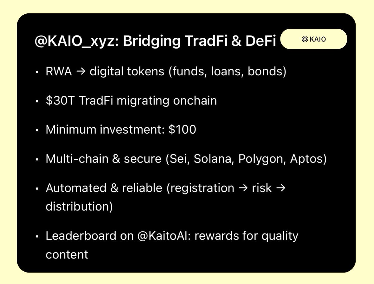 iKILZ80's tweet image. How @KAIO_xyz is bridging TradFi &amp;amp; DeFi 🤔

KAIO is an institutional platform that turns RWA into digital tokens، things like funds, loans, and bonds، so you can hold them, trade them, or use them in DeFi

KAIO is a RWA tokenization protocol leading the charge on $30T of TradFi…