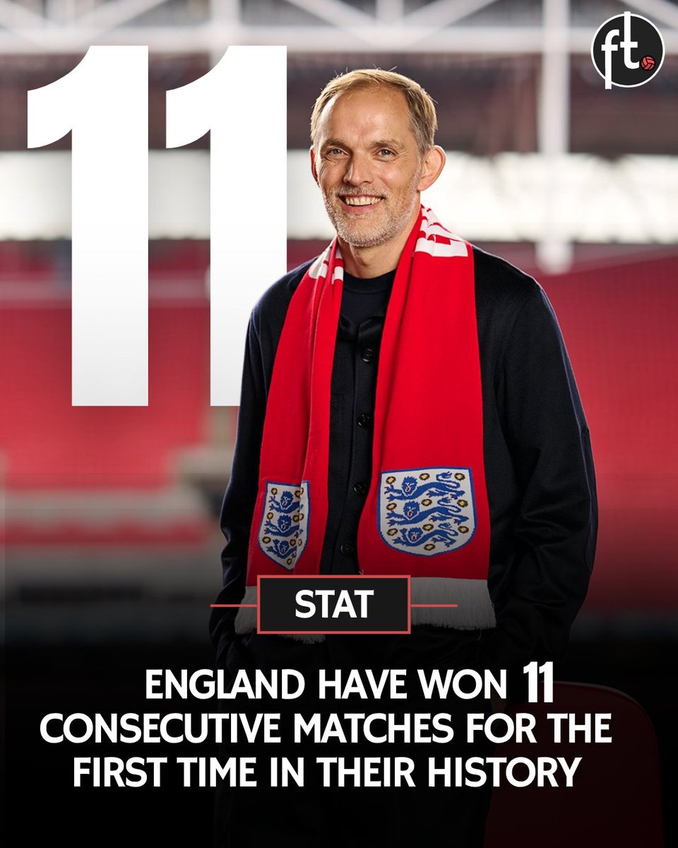 🚨 𝗥𝗘𝗖𝗢𝗥𝗗: England have now won 11 competitive games in a row for the first time in their history.

✅ 2-0 win vs. Albania 🇦🇱
✅ 2–0 win vs. Serbia 🇷🇸
✅ 5–0 win vs. Latvia 🇱🇻
✅ 5–0 win vs. Serbia 🇷🇸
✅ 2–0 win vs. Andorra 🇦🇩
✅ 1–0 win vs. Andorra 🇦🇩
✅ 3–0 win vs. Latvia