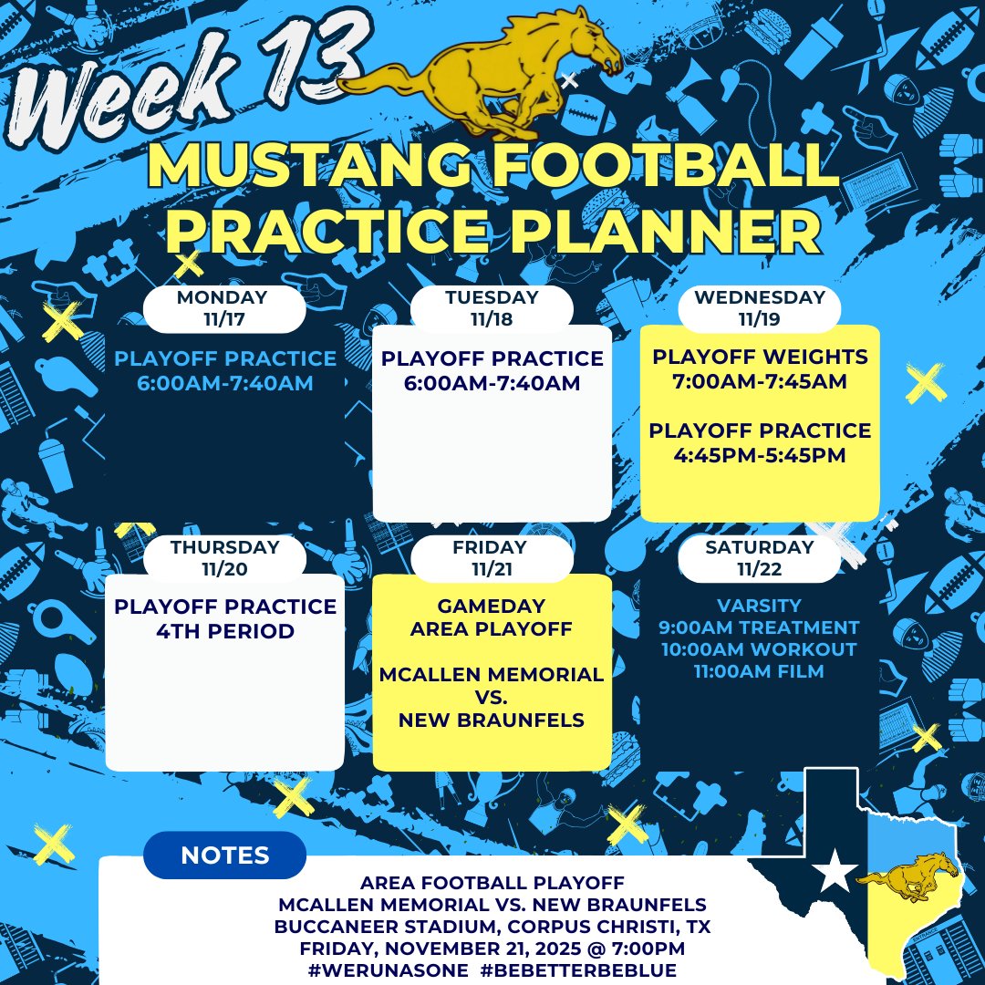 mospatterson's tweet photo. Good Afternoon Mustangs,

It’s area football playoff time! Just like last week, all sub-varsity football players are welcome and invited to practice this week with our varsity.

Here is your Mustang practice plan and game info for the week. Ticket links will be updated as they become available.

Memorial’s Week 13 Football Schedule

Area Football Playoff
McAllen Memorial vs. New Braunfels, Friday, 11/21/25, 7:00pm, Buccaneer Stadium, Corpus Christi, TX.

Coach Patterson
#WeRunAsOne #BeBetterBeBlue