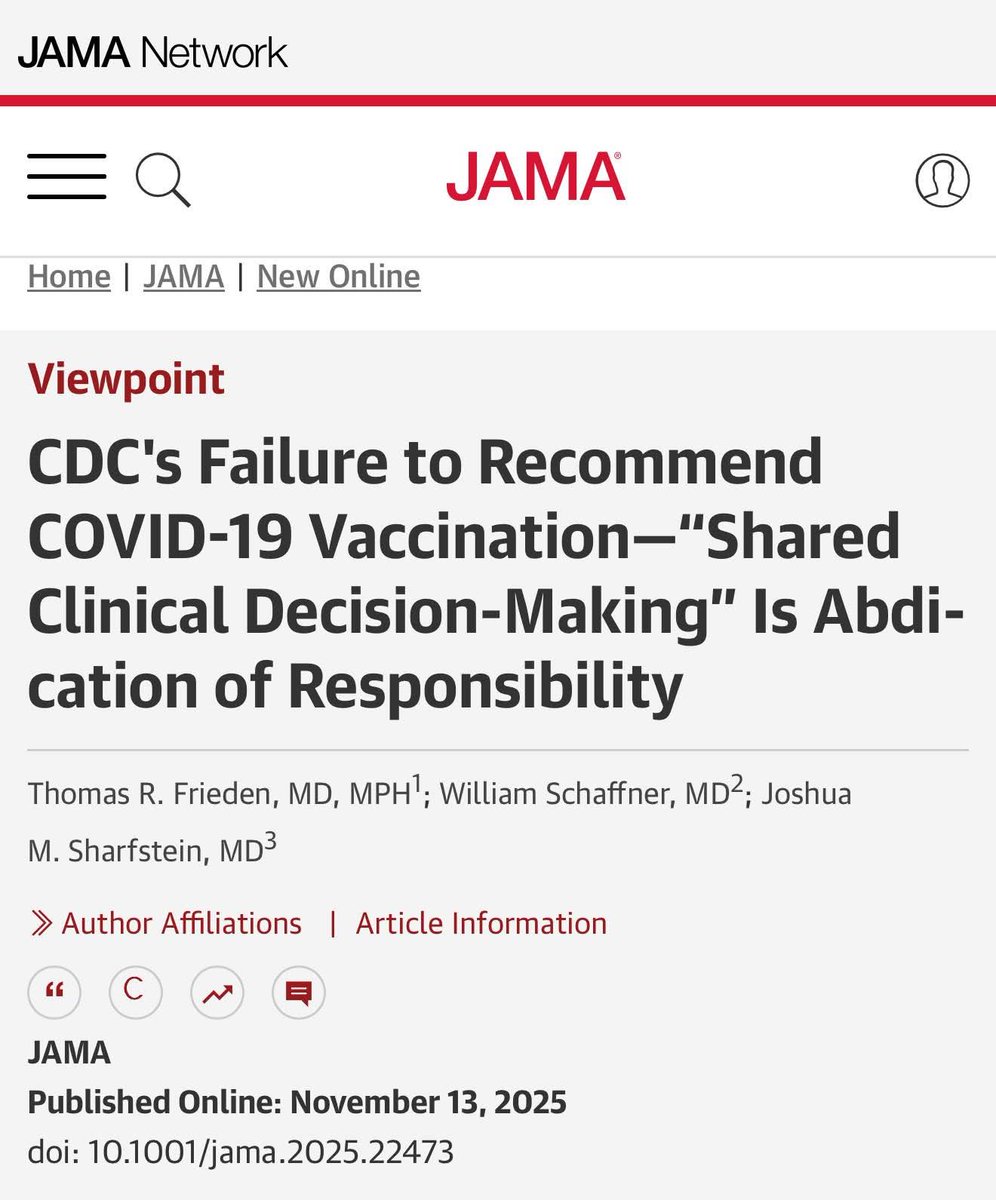 ד"ר יחזקאלי כותב:
ה- CDC קיבל את המלצת הועדה המייעצת לחיסונים להסיר את ההמלצה לחיסוני קורונה, ולהותיר את הטיפול להחלטה משותפת של המטופל עם רופאו, על פי Shared clinical decision making.
בהסכמה מודעת. 

במאמר הזה ב- JAMA, שהוא מין ערוץ 14 של כת המכורים לחיסונים, בכירי ה- CDC לשעבר