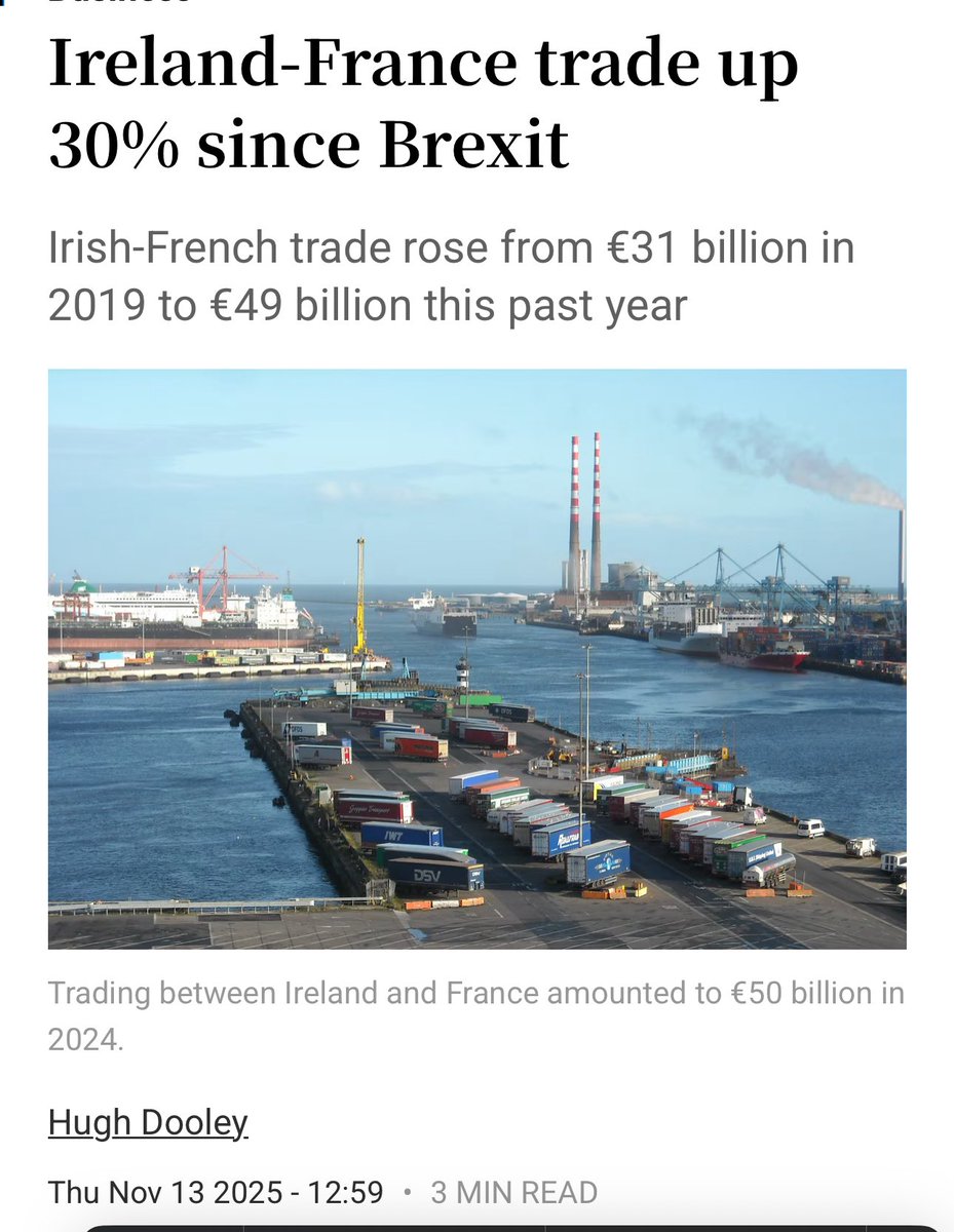 LizWebsterSBF's tweet image. ⭐ 1. Ireland–France trade up 30% since Brexit is the headline of the decade

It proves one thing with absolute clarity:

💥 When Brexit happened, Ireland pivoted to Europe 💥 and Europe pivoted to Ireland.**
⬆️ Weekly shipping links went from 4 crossings to 37.
⬆️ Total trade…
