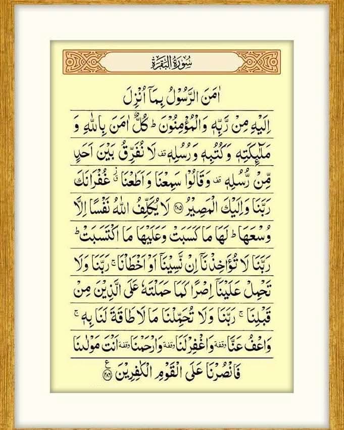 سورہ البقرہ کی آخری دو آیات کی فضیلت:
رسول کریم  صلی اللہ علیہ والہٖ وسلم نے فرمایا جس نے سورہٓ البقرہ کی آخری دو آیتیں رات میں پڑھ لیں وہ اسے ہر آفت  سے بچانے کے لیے کافی ھوجاہیں گی
(صیح بخاری 4008)