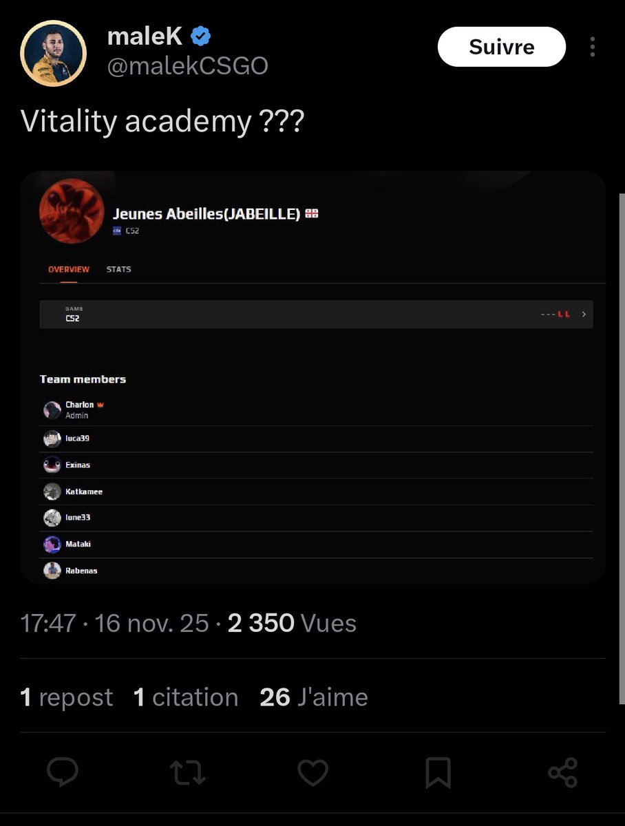 CastRabenas's tweet photo. Je PLEURE de rire je vous jure. La y'a maleK qui pense que Exinas et lune33 vont jouer avec Ulysse et moi chez Vita Academy avec Charlon en manager 😭😭

Le manque de fact check avant de voler un tweet mdrrr https://t.co/2NiSPZQmR2
