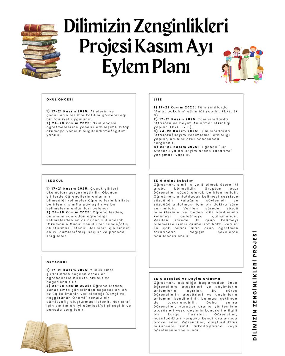 Dilimizin Zenginlikleri Projesi kapsamında kasım ayında gerçekleşecek etkinlikleri derledik. Tüm öğrenci ve öğretmenlerimize iyi bir çalışma dönemi dileriz.

<a href="/tcmeb/">Millî Eğitim Bakanlığı</a> 
<a href="/Yusuf__Tekin/">Yusuf Tekin</a> 
<a href="/istanbulilmem/">İstanbul İl Millî Eğitim Müdürlüğü</a> 
<a href="/MucahitYentur/">Murat Mücahit Yentür</a>