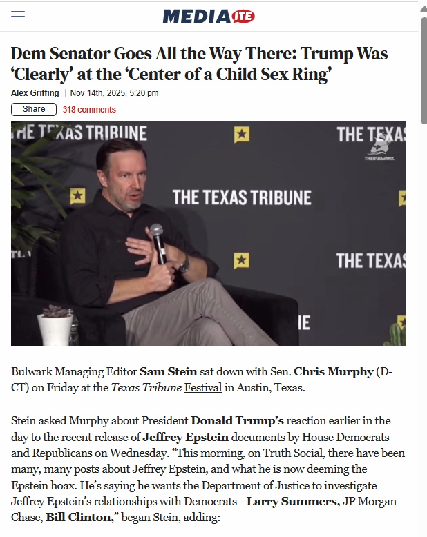 KristiTalmadge's tweet image. 🚨 CONNECTICUT SENATOR CHRIS MURPHY CLAIMS PRESIDENT TRUMP IS AT THE CENTER OF A CHILD SEX RING

Bulwark Managing Editor Sam Stein sat down with Sen. Chris Murphy (D-CT) on Friday at the Texas Tribune Festival in Austin, Texas.

Chris Murphy said in front of a large audience,…