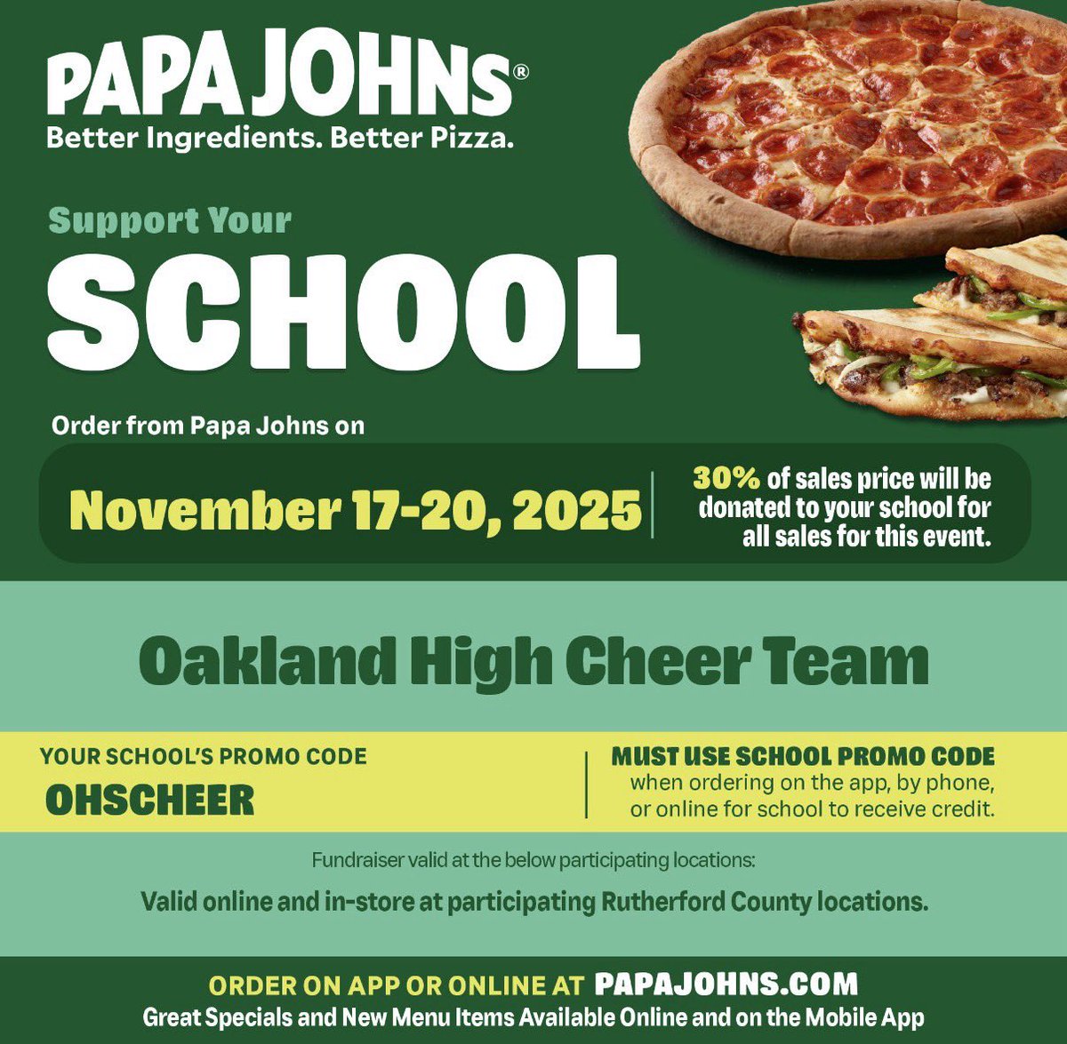ohspatscheer's tweet photo. 🍕 Support Oakland High Cheer! 🍕
Order Papa Johns November 17–20, 2025 and help our team earn money!

Use promo code OHSCHEER when ordering online, in the app, by phone, or in-store at participating Rutherford County locations.

Thank you for supporting our team! 💙❤️ https://t.co/yA7jqY75nJ