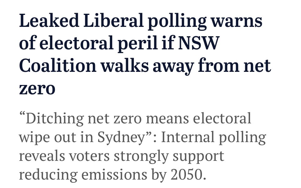 adamnicotera's tweet image. Confidential polling reveals a majority of voters in almost all 24 Liberal-held [NSW state] seats support keeping the commitment to reducing emissions to net zero by 2050, with metropolitan electorates strongly in favour.

#nswpol #auspol #Libsplit #libspill
