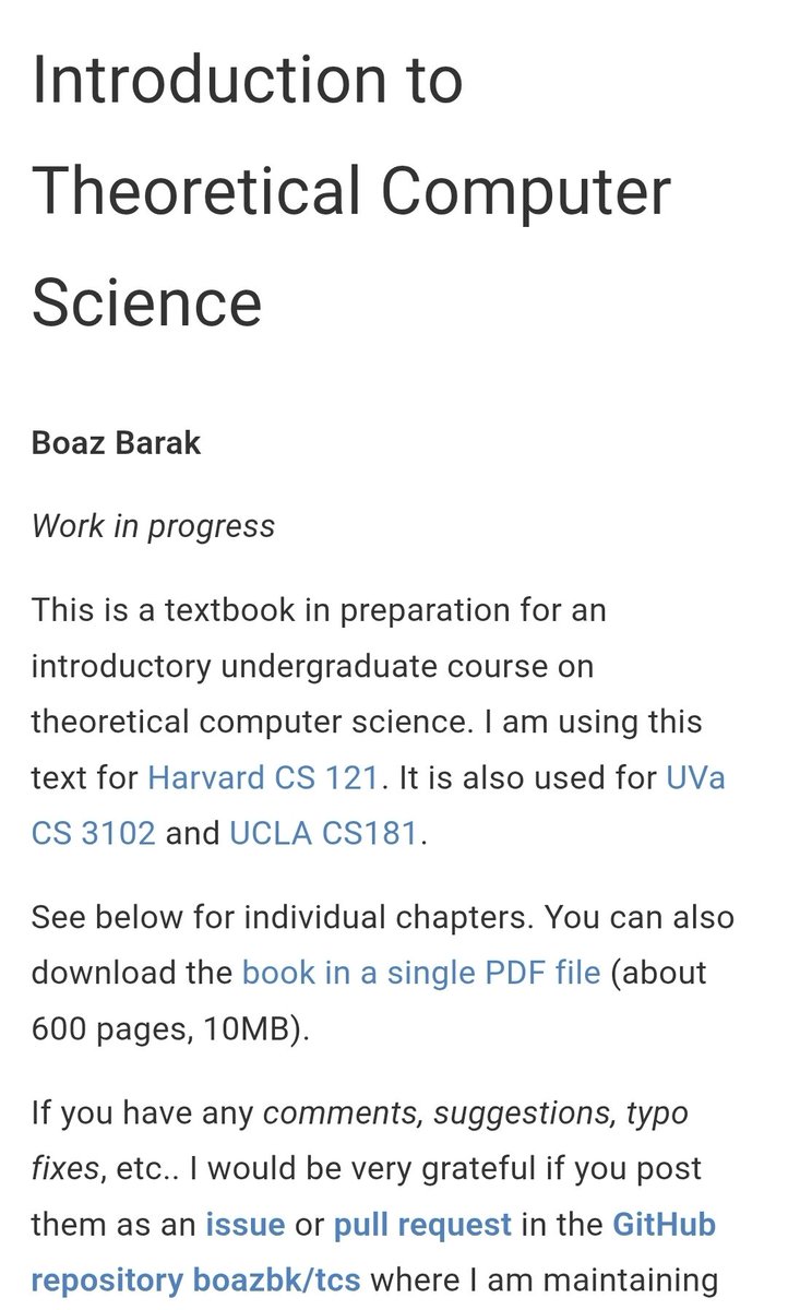 Bu site, teorik bilgisayar bilimlerine giriş düzeyinde, lisans öğrencilerine yönelik hazırlanmış kapsamlı bir ders materyali sunmaktadır. Kitap, Harvard CS 121 gibi birçok üniversite dersinde kullanılmaktadır.
İçerik, 23 ana bölümden oluşmakta olup, başlıca şu konuları