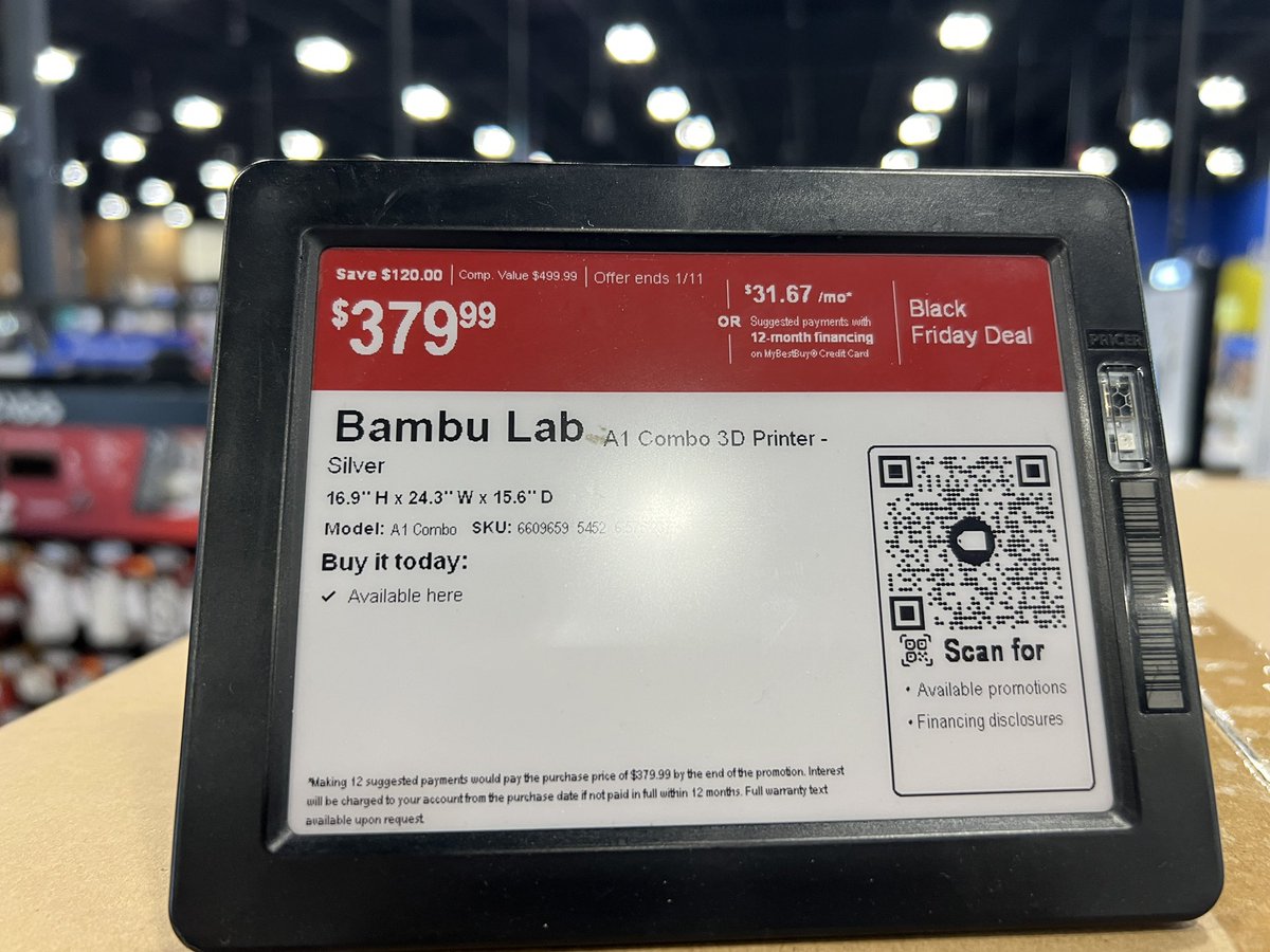 ChuckHellebuyck's tweet image. Went to two @BestBuy near me to see their 3D Printers. One told me they only sell 3D printers online, the other had a few in stock sitting in boxes in the isle. None on display, no filament or tools/parts. And price was the same as anywhere else. Not impressed!