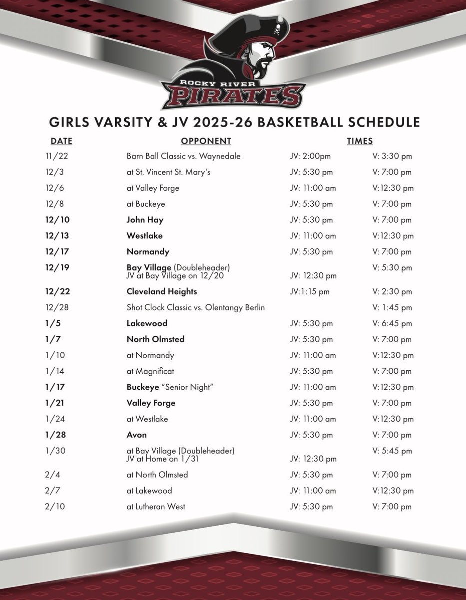 Our 2025-26 RRHS basketball schedule is here! Ready to hit the court with <a href="/rrhsgirlsbball1/">Rocky River Girls Basketball</a>, get that CWC title, and make a run for state! Let’s go Pirates! <a href="/Perez_Sports/">Mark Perez-Krywany 🤓</a> <a href="/SOTPodcast/">Sports On Tap</a> <a href="/MJournalSports/">Morning Journal Sports</a> <a href="/CLEWConference/">Cleveland West Conference</a> <a href="/TNBACle_East/">TNBA Cleveland East Girls</a> <a href="/tNBA_CLE/">tNBA Cleveland</a>