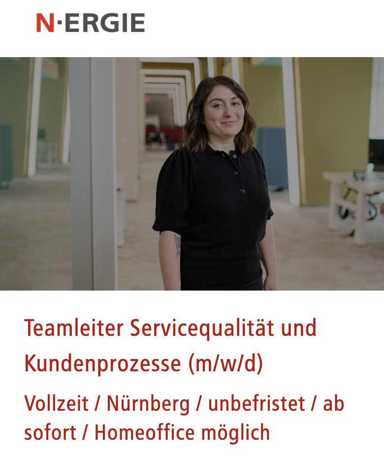 CandarineSocial's tweet image. Die N-ERGIE Aktiengesellschaft sucht Sie als Teamleiter Servicequalität und Kundenprozesse (m/w/d) in Nürnberg. 

express.candarine.com/campaign/url/f…