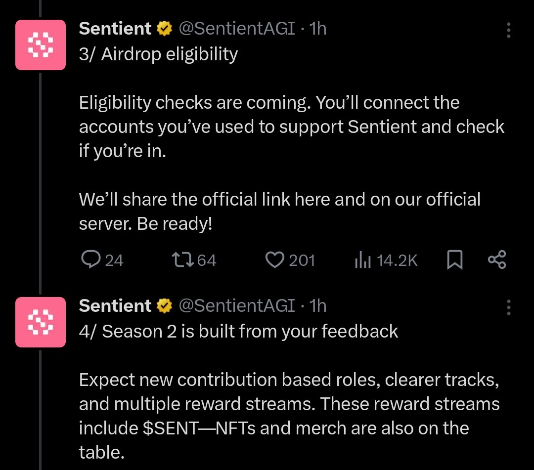 CryptoDotFun's tweet image. So the most awaited TGE of @SentientAGI  is coming very soon...

Airdrop registration opens in 24 hour 🪂 

AGI roles are now officially wrapped 🫔 

We&apos;ll see season 2 of AGI started from nov 1 and will be announced at the end of the nov. 

This will be like  role assign every…